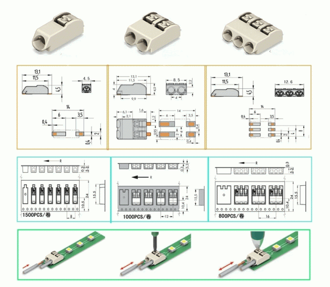 Äquivalent Neigung Wago 3 Pole SMD LED der Verbindungsstück-4.0mm mit Wohnung PA46 UL94V-0