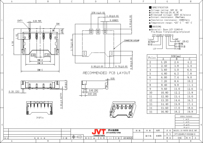 Neigungs-Verbindungsstück 8 PWBs SMT Titel-1.2mm steckt Brett zum Leiterplatten-Verbinder 50V AC/DC fest