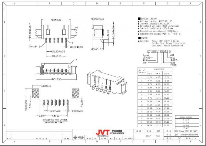 Reibungs-Verschluss-Titel PWB-Leiterplatten-Verbinder 3A JVT 1147W SMT veranschlagender Strom Wechselstroms/DCs