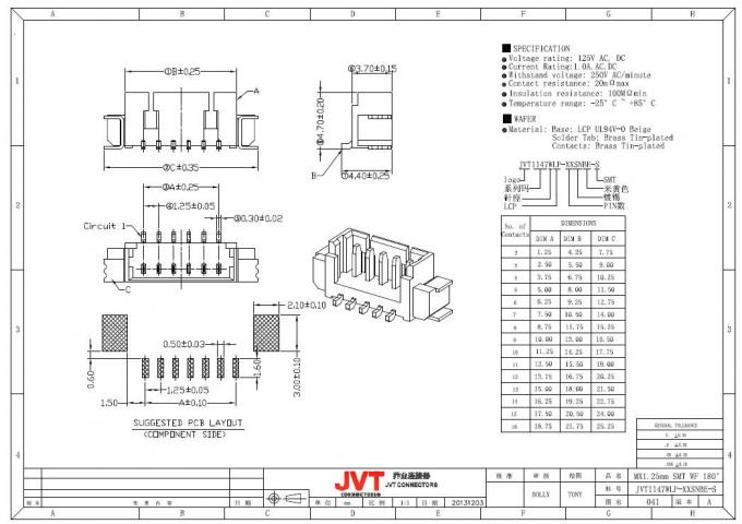 Reibungs-Verschluss-Titel PWB-Leiterplatten-Verbinder 3A JVT 1147W SMT veranschlagender Strom Wechselstroms/DCs