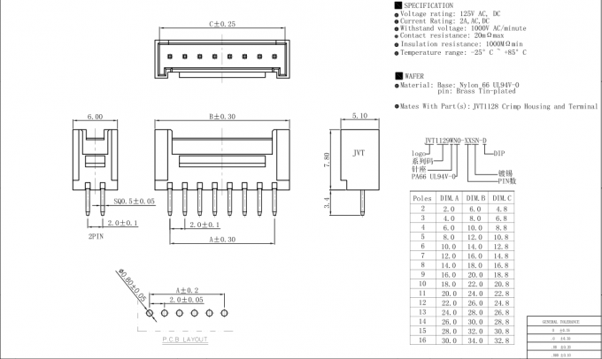 SMT-Art PWB-Verbindungsstück-Draht, zum von Pin zu verschalen 2 - 16 Pin-Nylon 66 UL94V-0