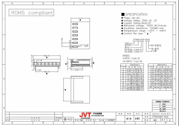 Frau-Draht Molex 2510 der Neigung zu des Leiterplatten-Verbinder-2.54mm für PWB 20MΩ maximal