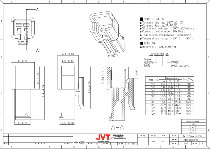 Stromversorgungsstecker des Nylon-66 der Wohnungs-UL94V-0 für AWG-Lehre #18 - anwendbarer Draht 22