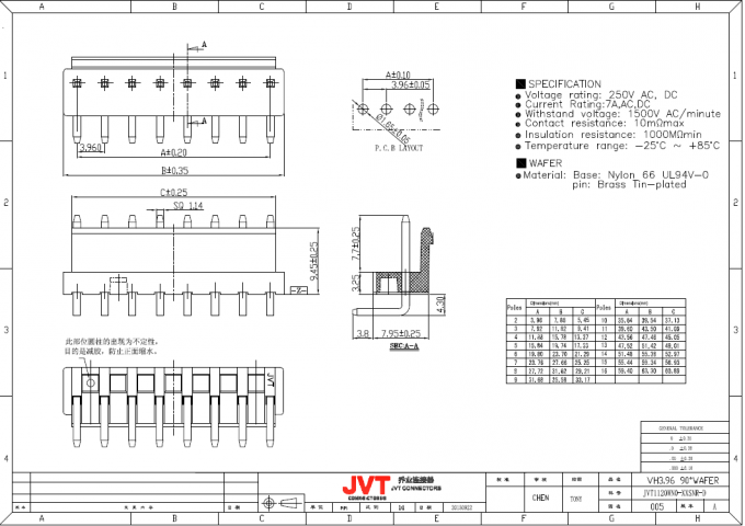 3.96mm Neigung PWB-Draht zu den Leiterplatten-Verbindern, VH-Reihe JST 2 Pin-Kabel-Verbindungsstück