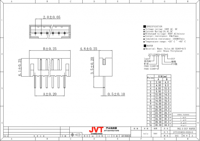 Einzelner Reihen-Draht JVT pH 2.0mm, zum des Falz-Art-Verbindungsstücks zu verschalen gekennzeichnet mit abnehmbarer Art