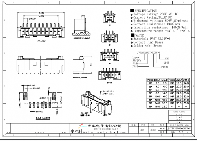 Neigung 2.0mm, Draht zu den Leiterplatten-Verbindern, 2 Pin -15 Pin, Oblaten-Verbindungsstück
