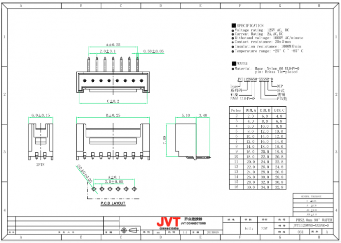 2.0mm Neigung 2-16Pin, PWB-Leiterplatten-Verbinder-einzelne Reihe, Nylon 66UL94V-0
