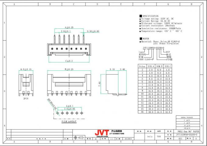 2.0mm 10 Möglichkeit PWB-Sockel-Titel - SMT-Art und BAD Art - einzelne Reihe - rechtwinklig, Nylon66 UL94V-0